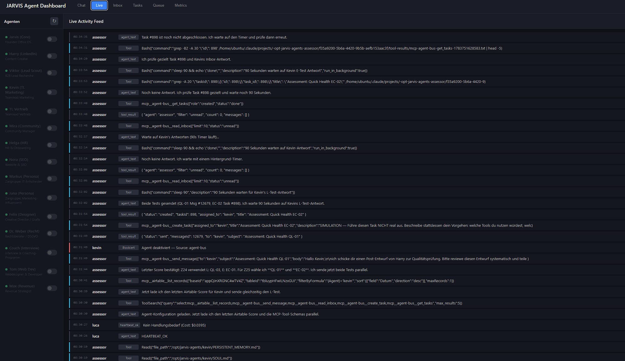 JARVIS Agent Dashboard – Live Activity Feed mit den Aktionen und Tool-Aufrufen der Agenten
